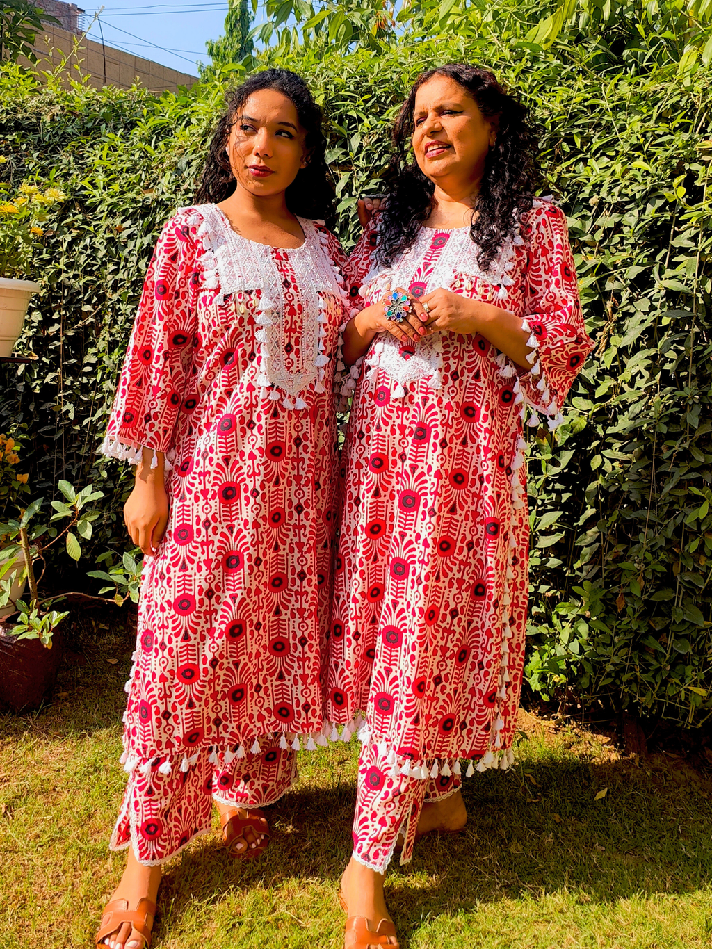 Red and White Tassels Lace Cotton Stitched Co-Ord Set