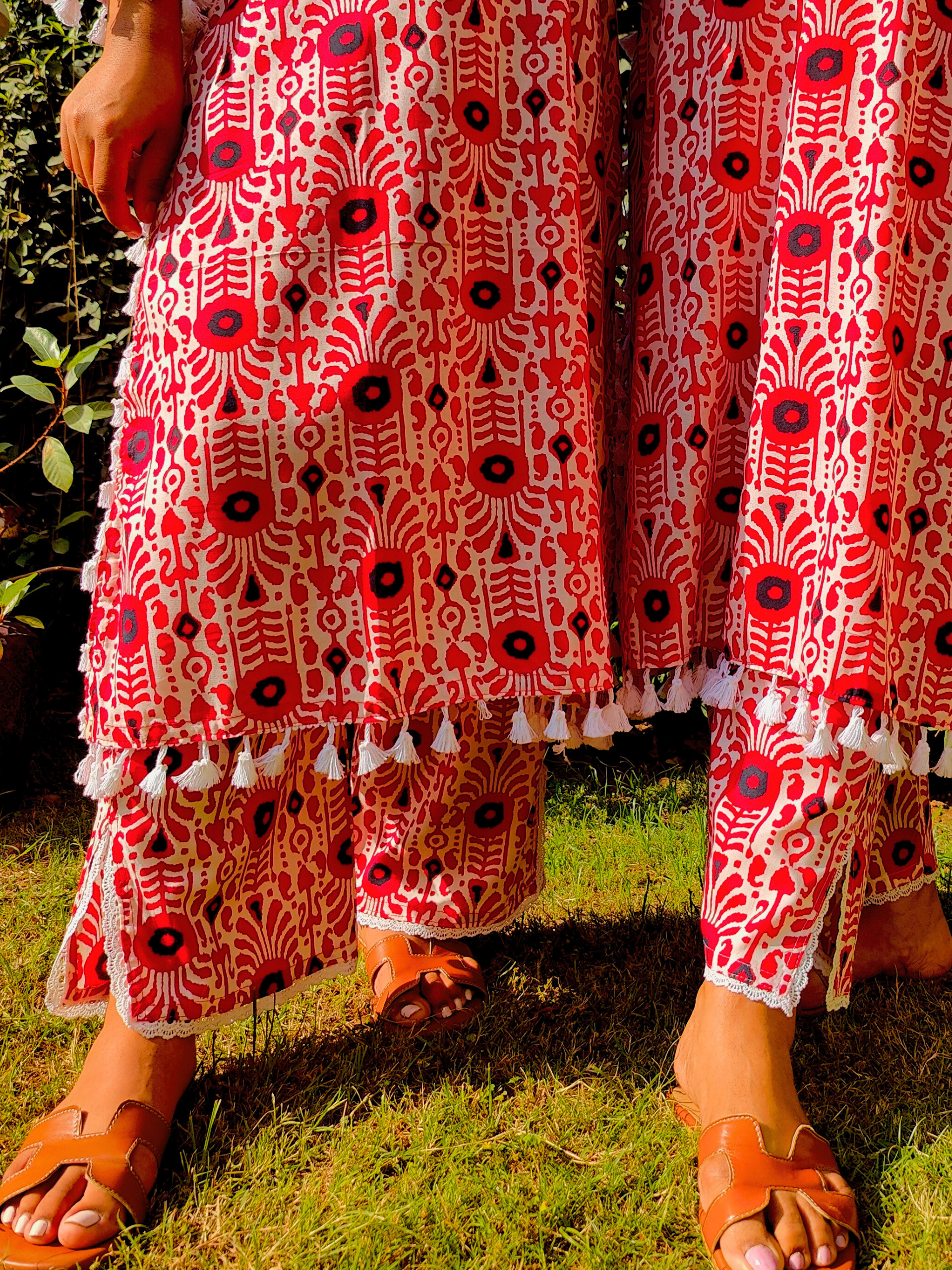 Red and White Tassels Lace Cotton Stitched Co-Ord Set