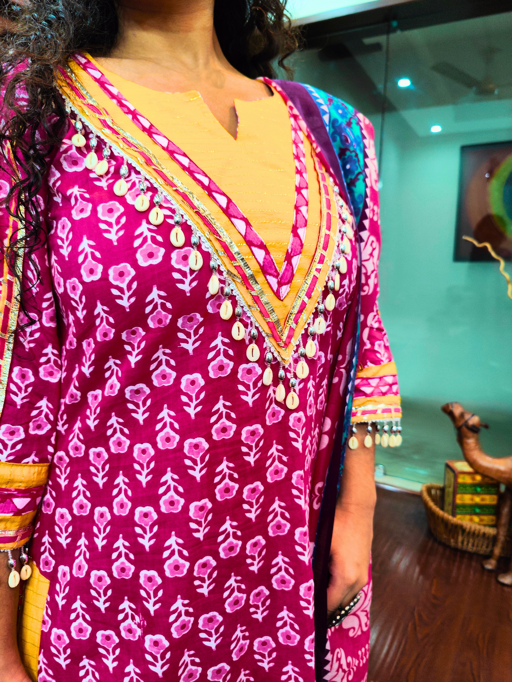 Magenta Digital Printed Silver Gota Cotton Stitched Suit Set