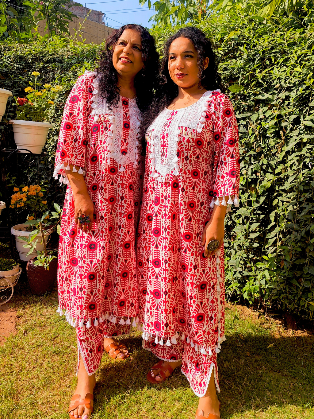 Red and White Tassels Lace Cotton Stitched Co-Ord Set