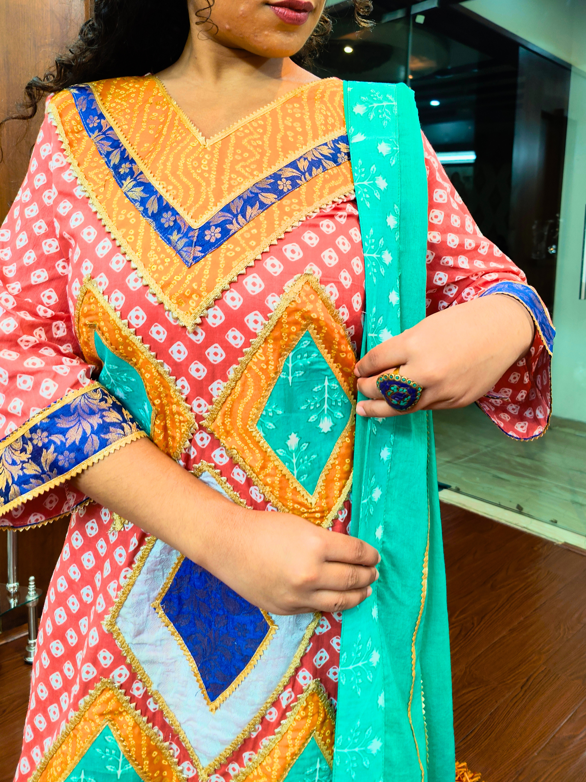 Orange Bandhej Golden Gota Multi Coloured Cotton Stitched Suit Set