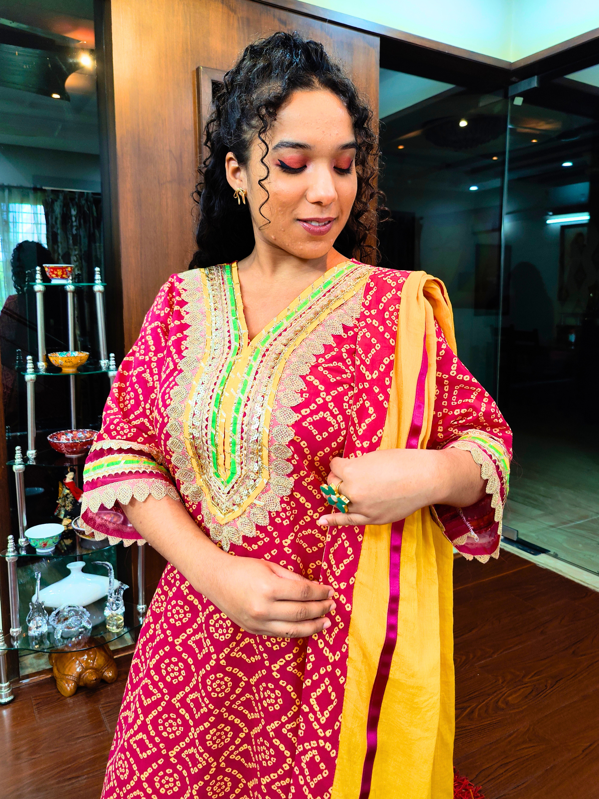 Red Bandhej Multi Coloured Gota Cotton Stitched Suit Set