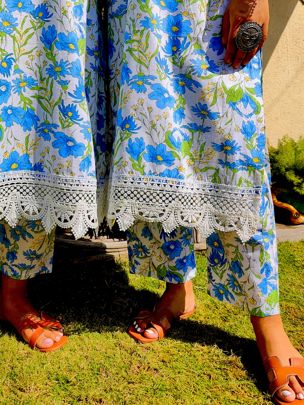 White Handblock Blue Floral Cotton Stitched Co-Ord Set