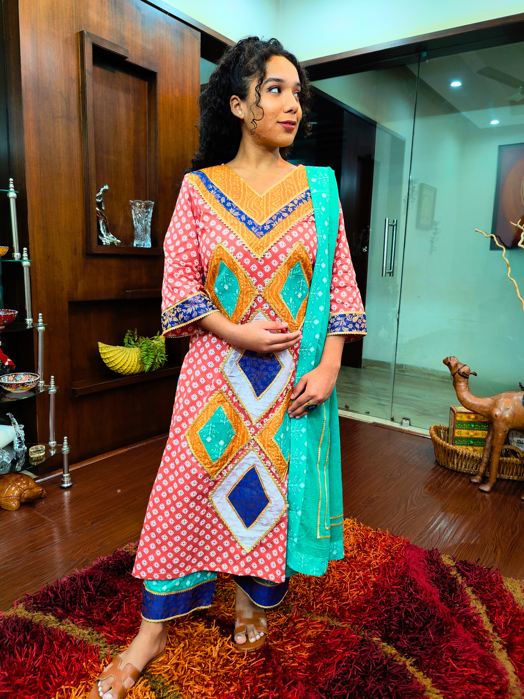 Orange Bandhej Golden Gota Multi Coloured Cotton Stitched Suit Set