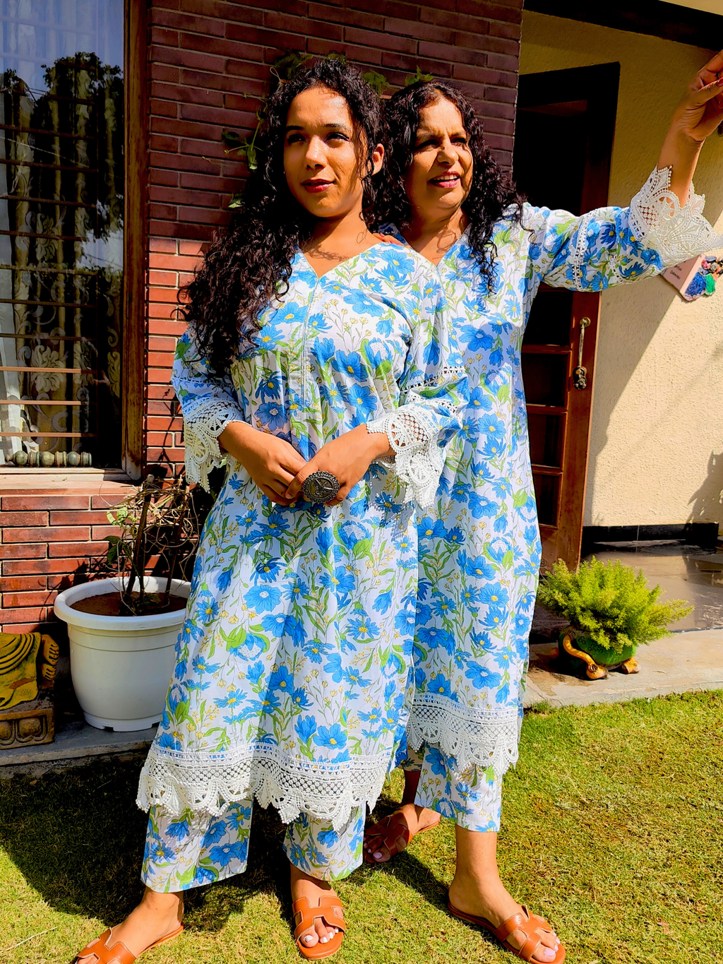 White Handblock Blue Floral Cotton Stitched Co-Ord Set