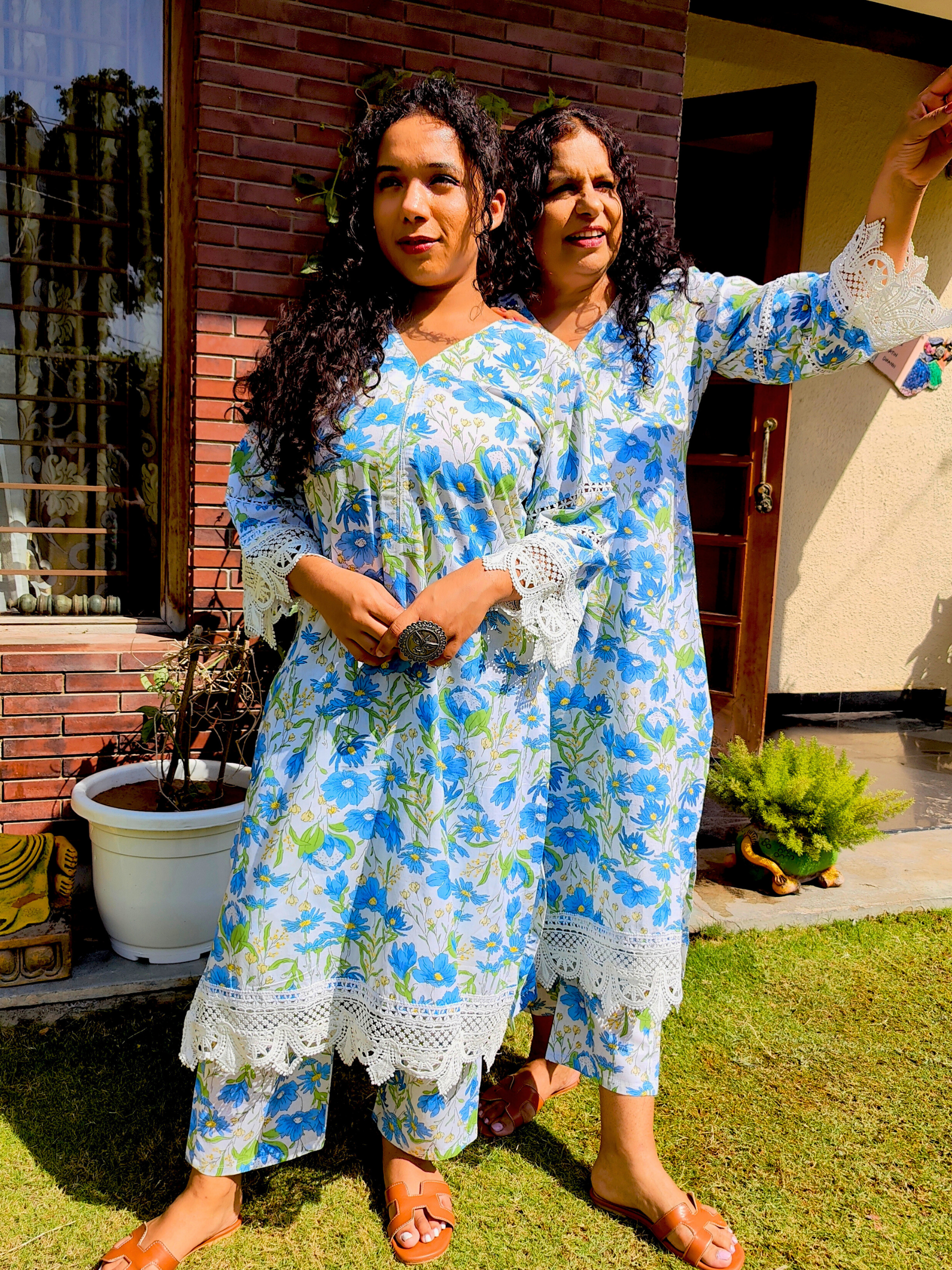 White Handblock Blue Floral Cotton Stitched Co-Ord Set