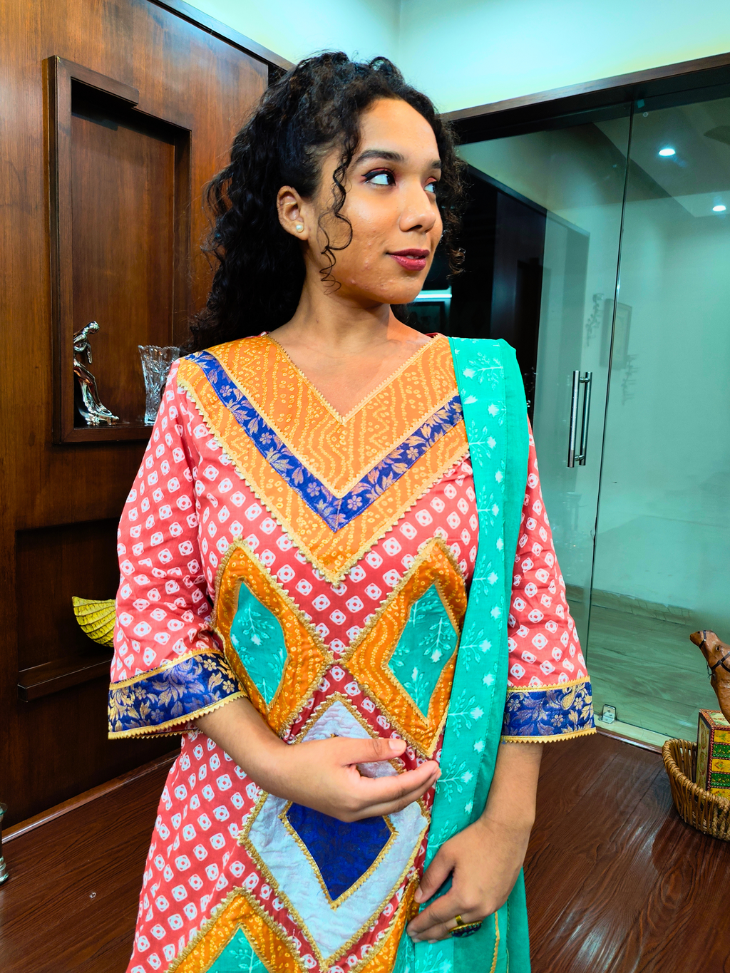 Orange Bandhej Golden Gota Multi Coloured Cotton Stitched Suit Set