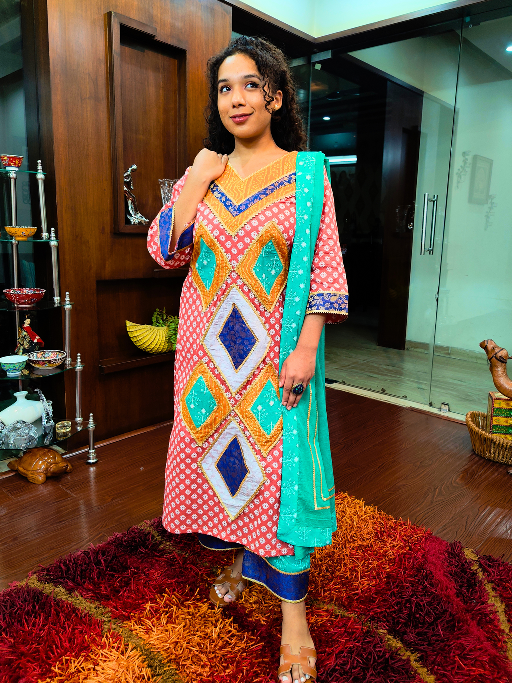 Orange Bandhej Golden Gota Multi Coloured Cotton Stitched Suit Set