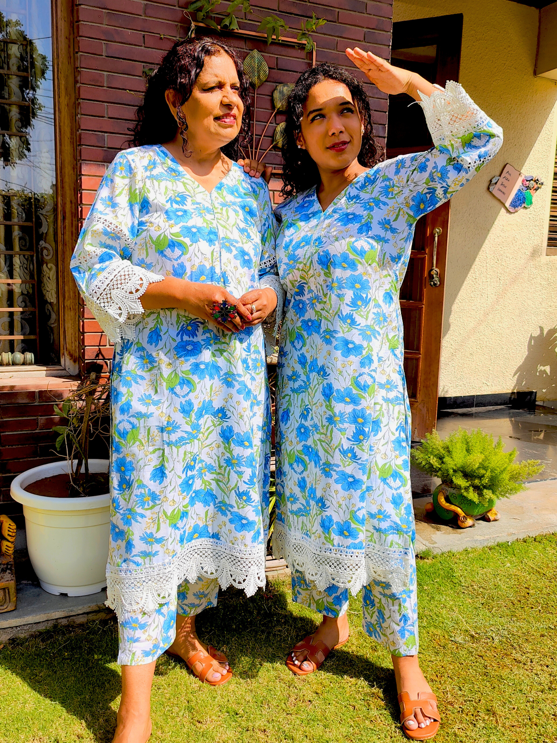 White Handblock Blue Floral Cotton Stitched Co-Ord Set