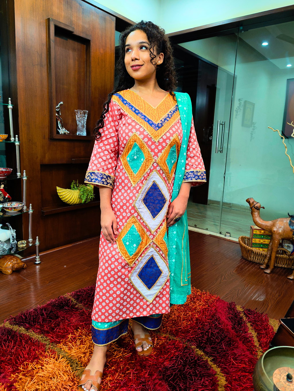 Orange Bandhej Golden Gota Multi Coloured Cotton Stitched Suit Set