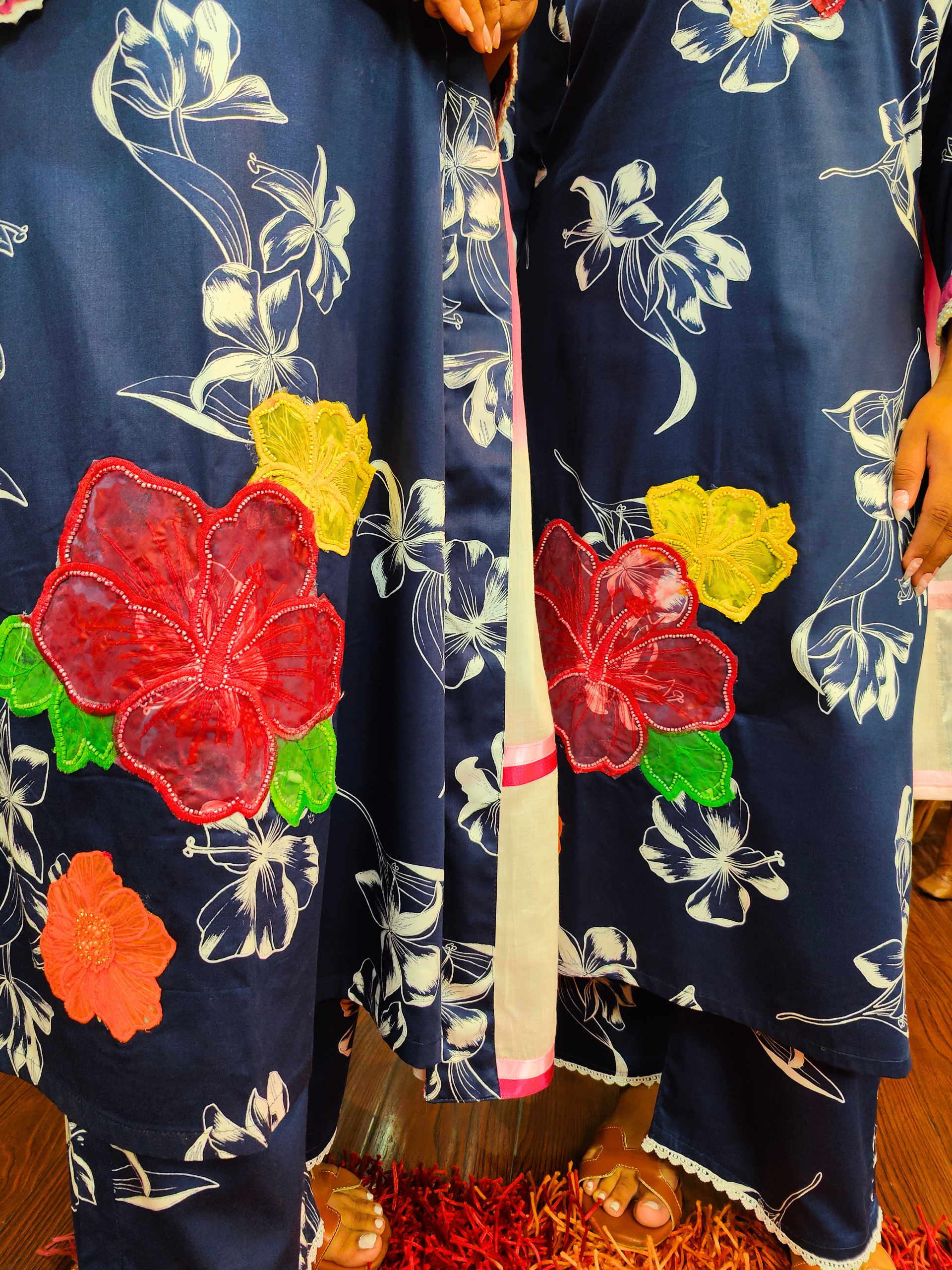 Blue Digital Printed White Lace Cotton Stitched Suit Set