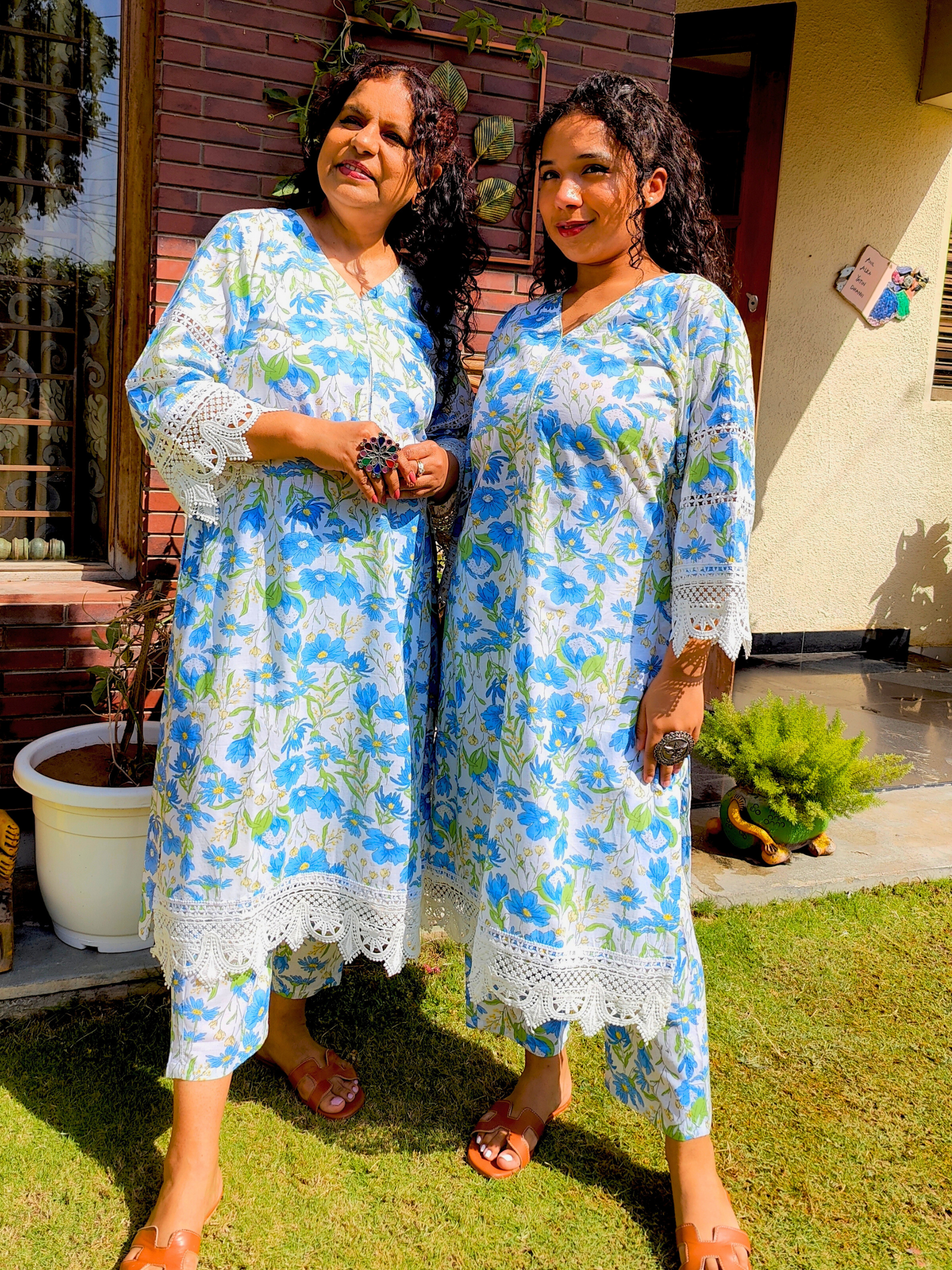 White Handblock Blue Floral Cotton Stitched Co-Ord Set