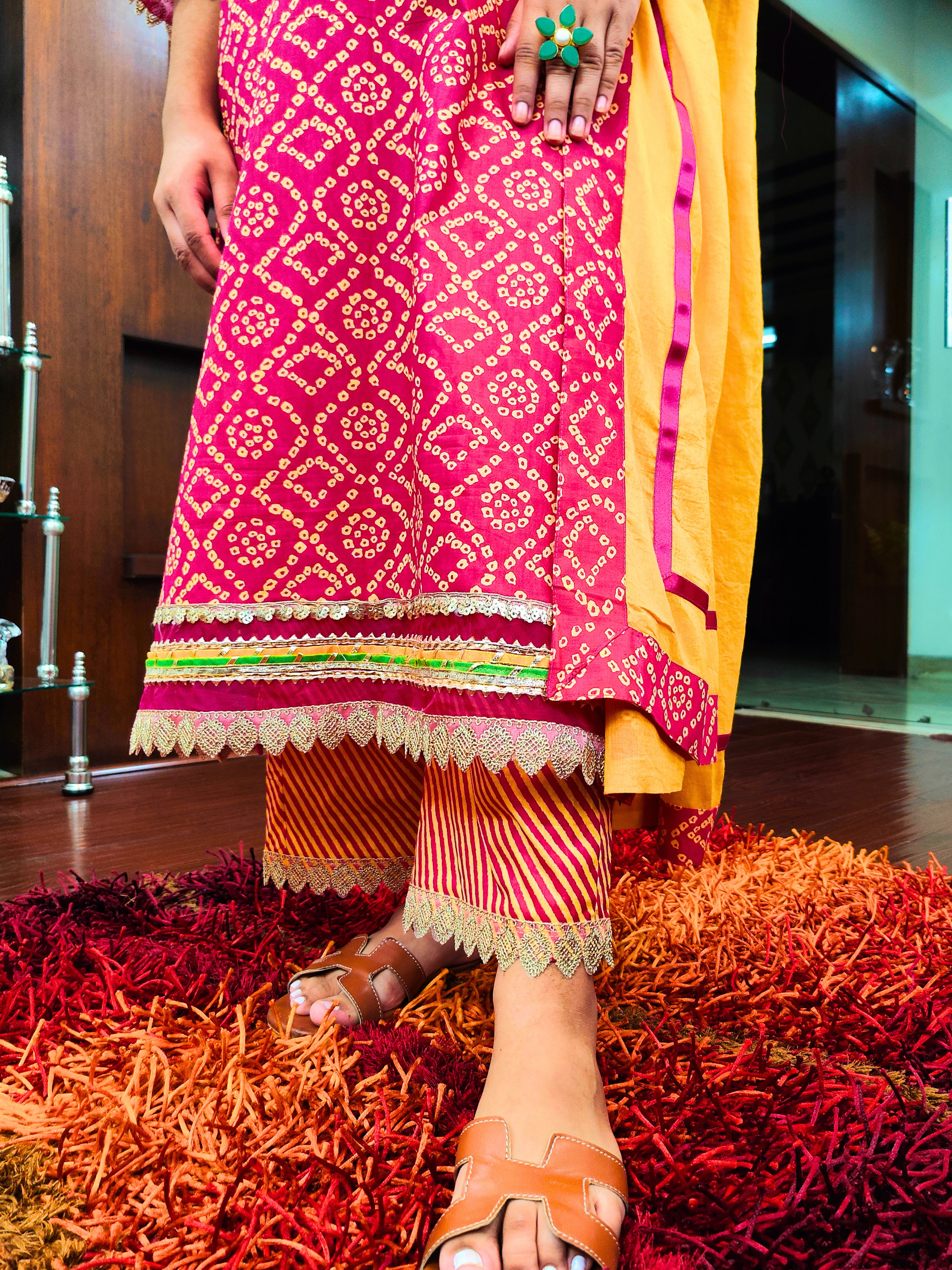 Red Bandhej Multi Coloured Gota Cotton Stitched Suit Set