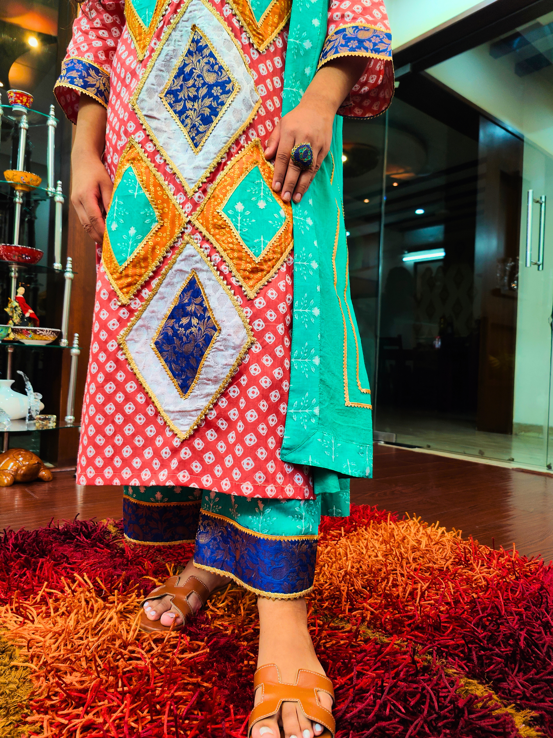 Orange Bandhej Golden Gota Multi Coloured Cotton Stitched Suit Set