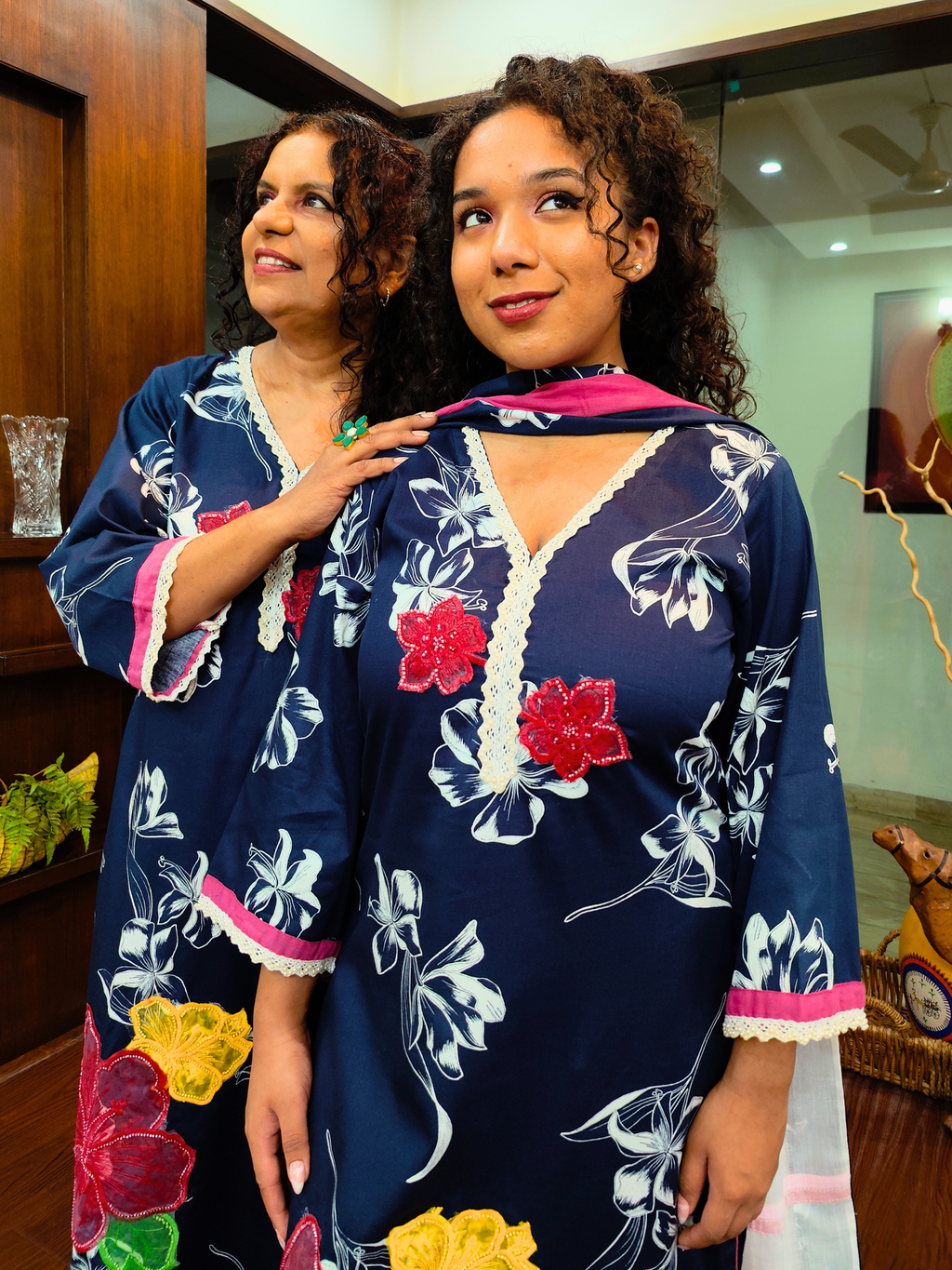 Blue Digital Printed White Lace Cotton Stitched Suit Set