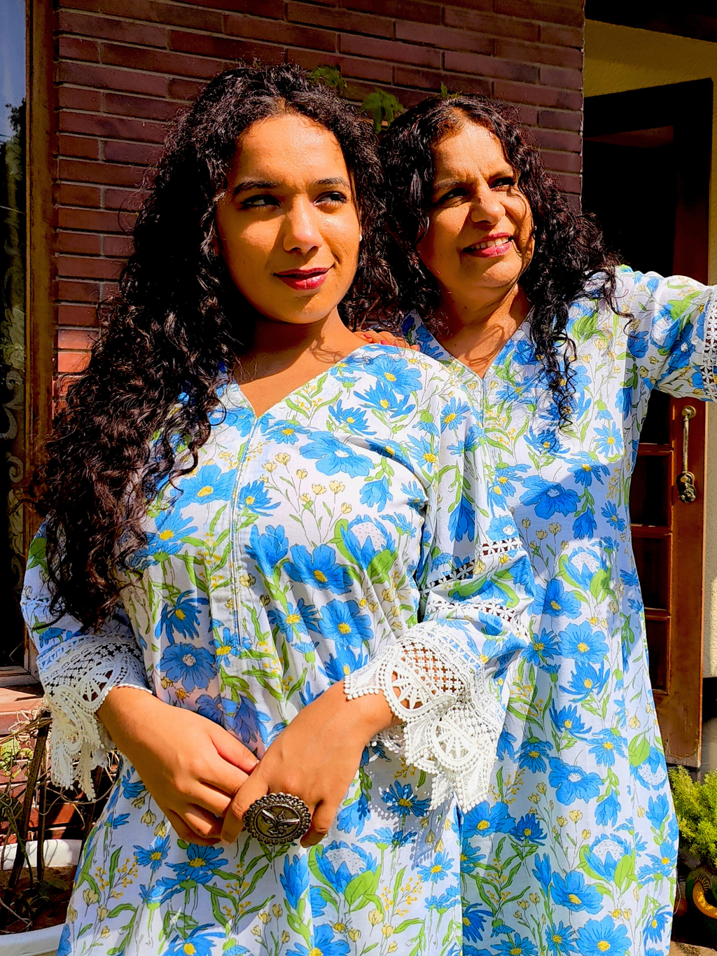 White Handblock Blue Floral Cotton Stitched Co-Ord Set