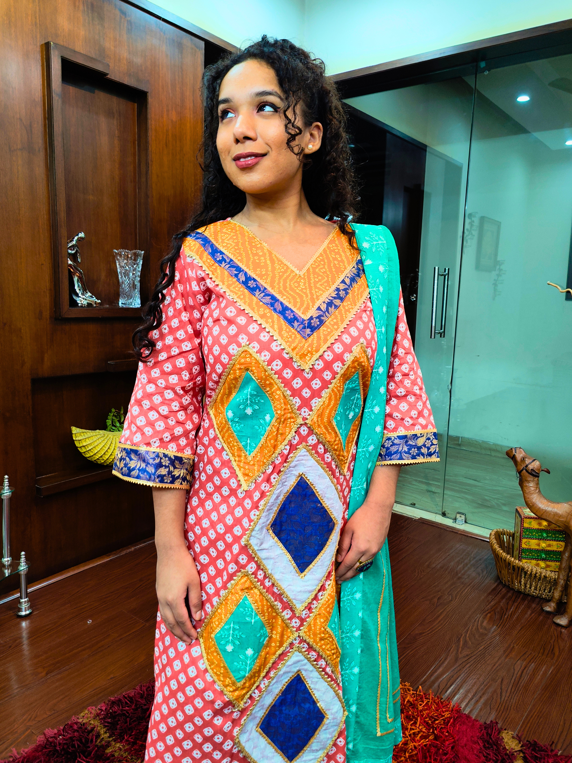 Orange Bandhej Golden Gota Multi Coloured Cotton Stitched Suit Set