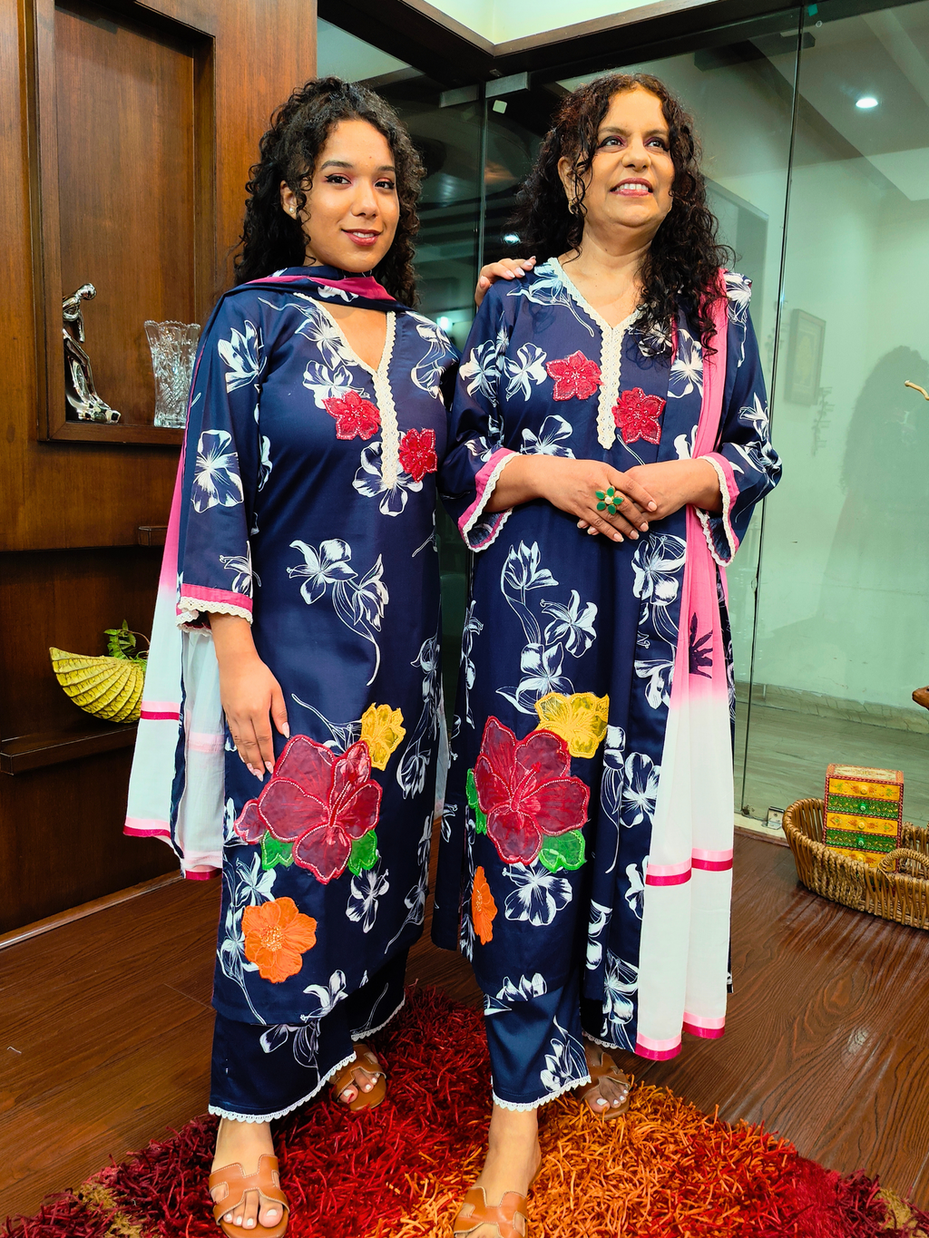 Blue Digital Printed White Lace Cotton Stitched Suit Set