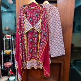 Maroon Ajrakh Yellow Lace Cotton Stitched Suit Set