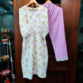 White Handblock Floral Cotton Stitched Co-Ord Set