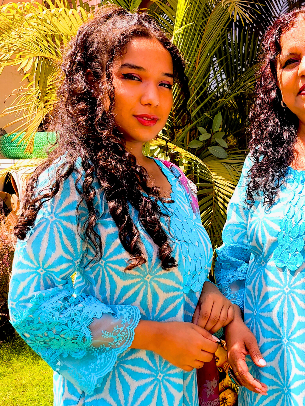 Sky Blue Cotton Italian Lace Stitched Suit Set