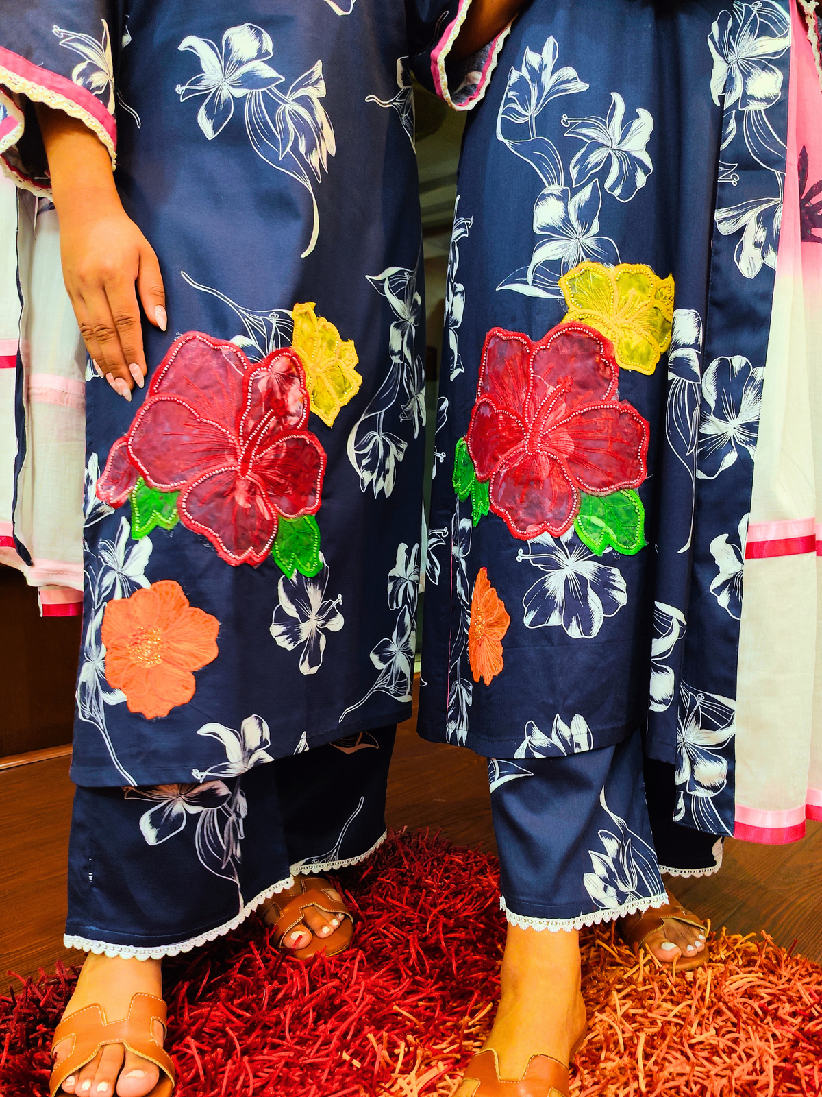 Blue Digital Printed White Lace Cotton Stitched Suit Set