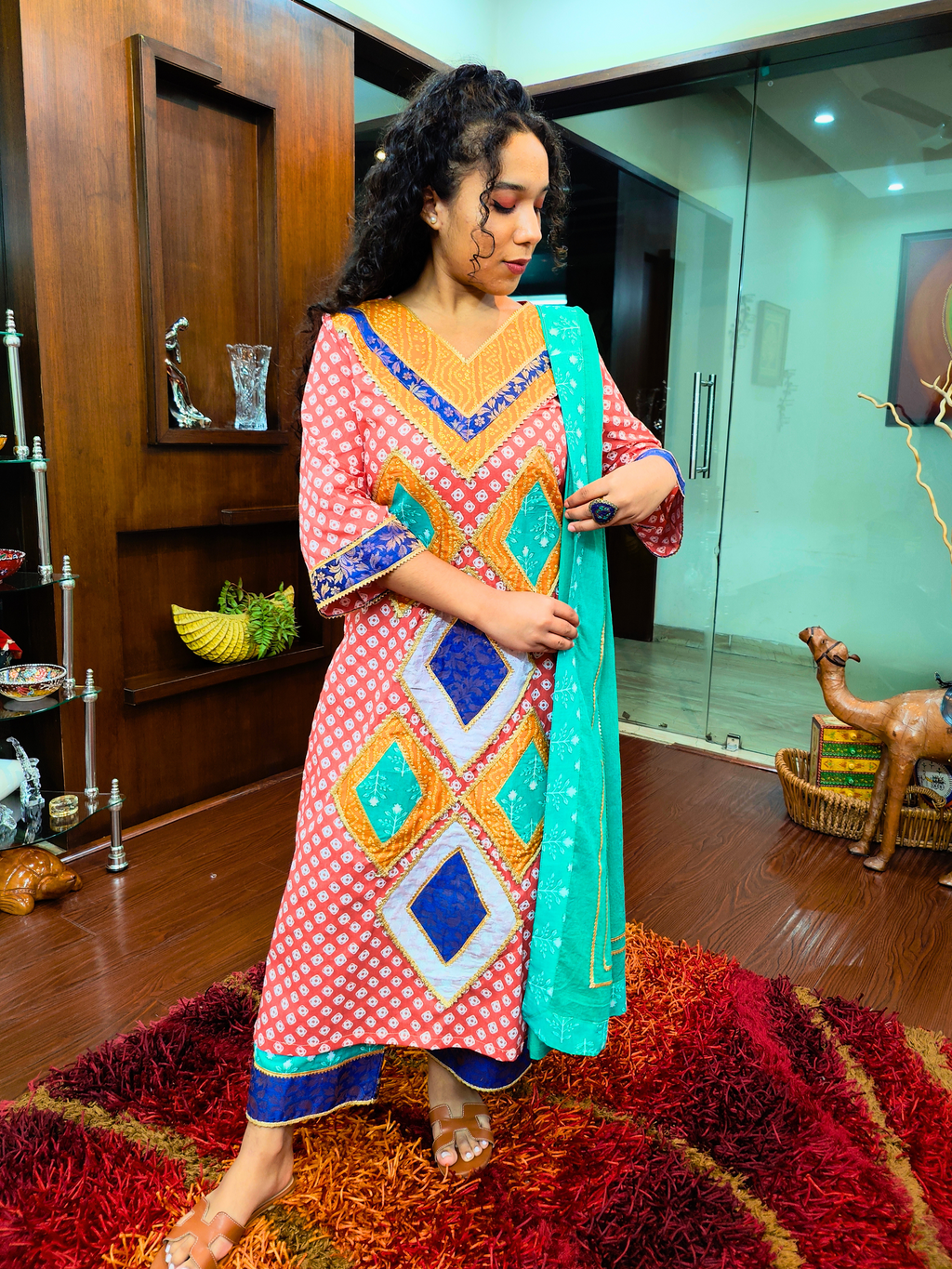 Orange Bandhej Golden Gota Multi Coloured Cotton Stitched Suit Set