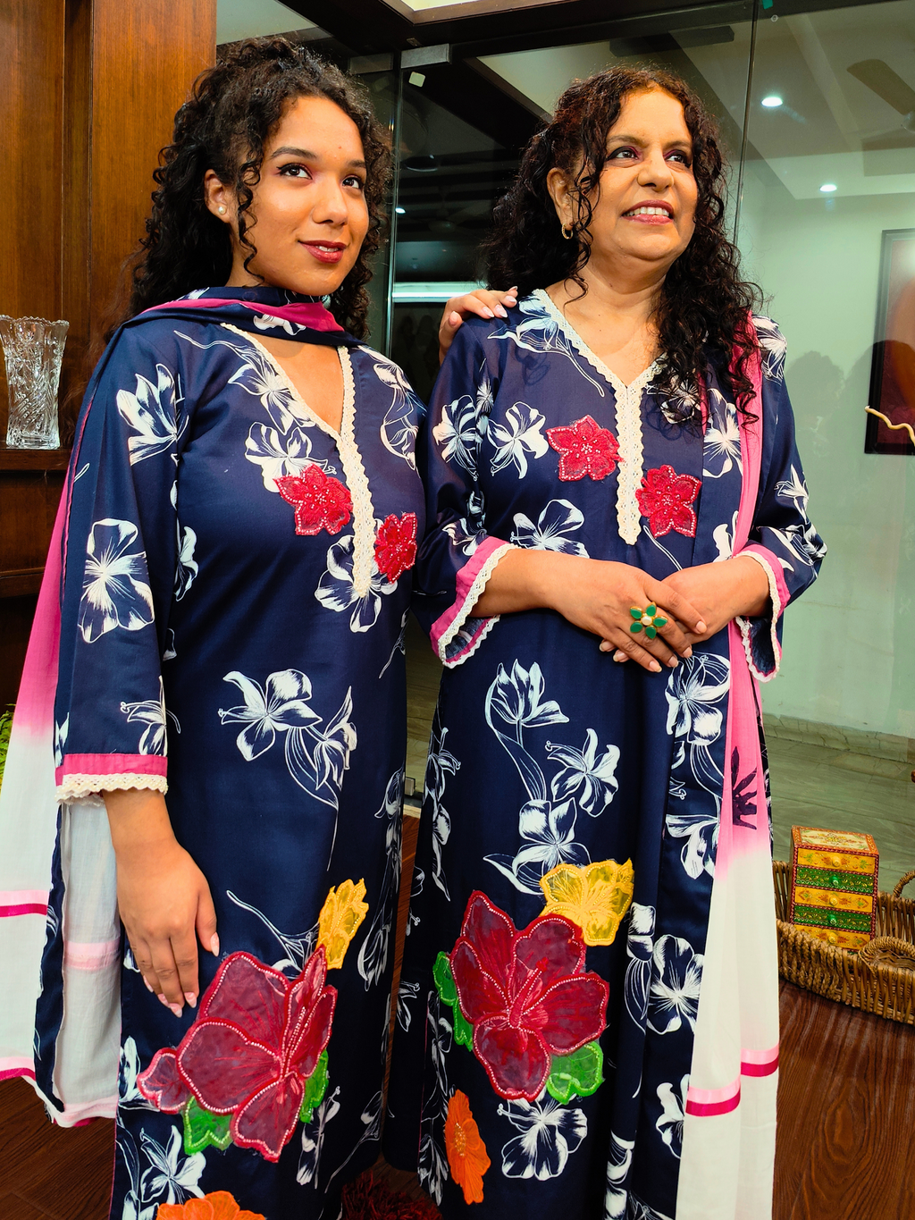 Blue Digital Printed White Lace Cotton Stitched Suit Set