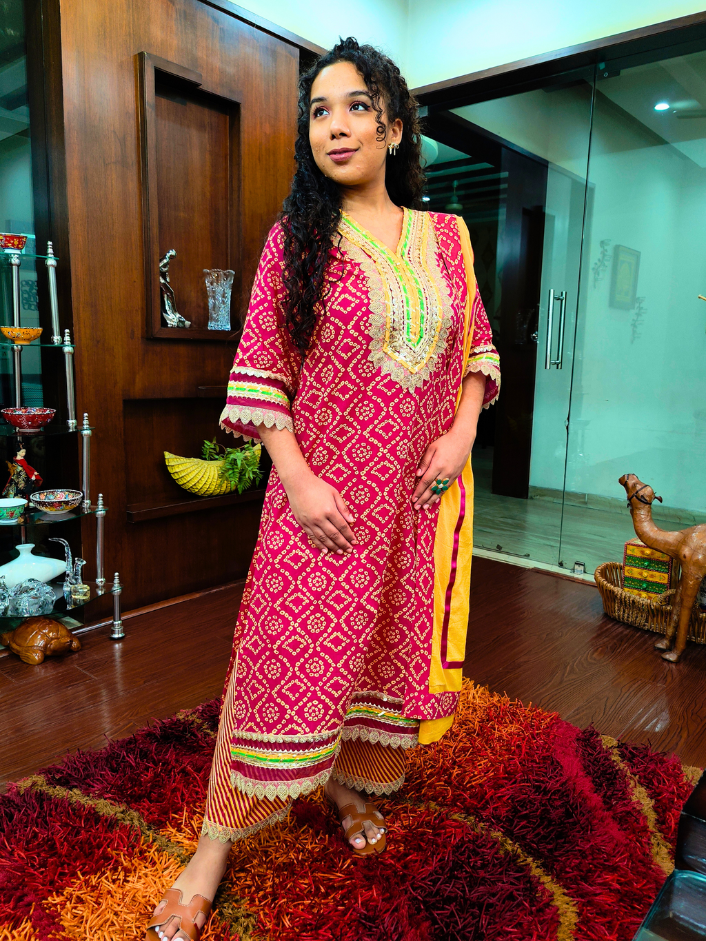 Red Bandhej Multi Coloured Gota Cotton Stitched Suit Set