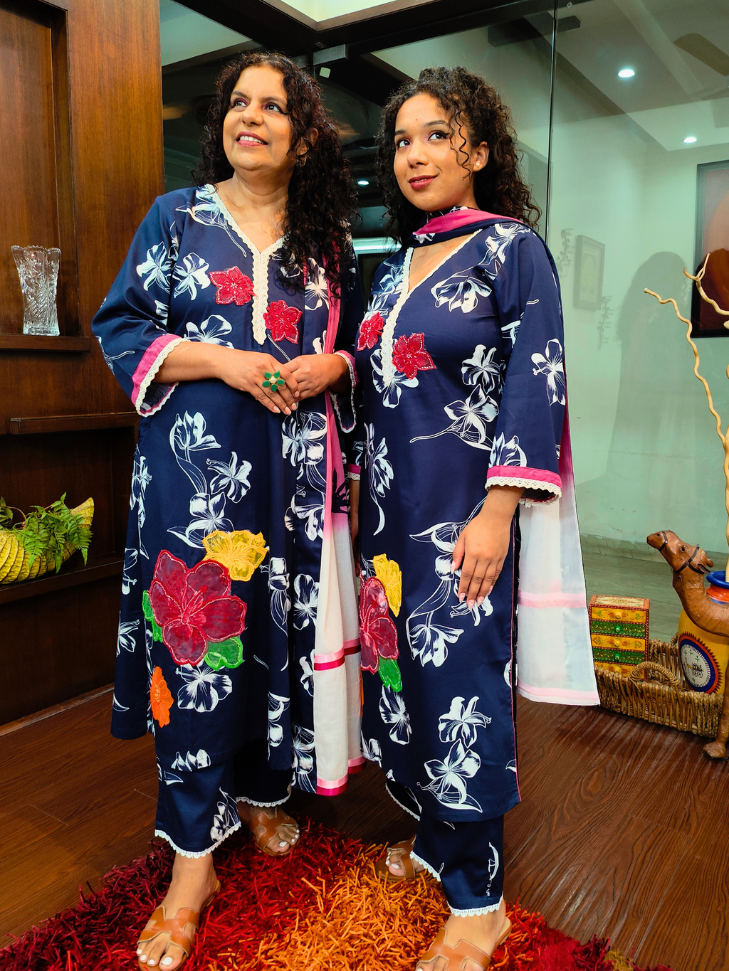 Blue Digital Printed White Lace Cotton Stitched Suit Set