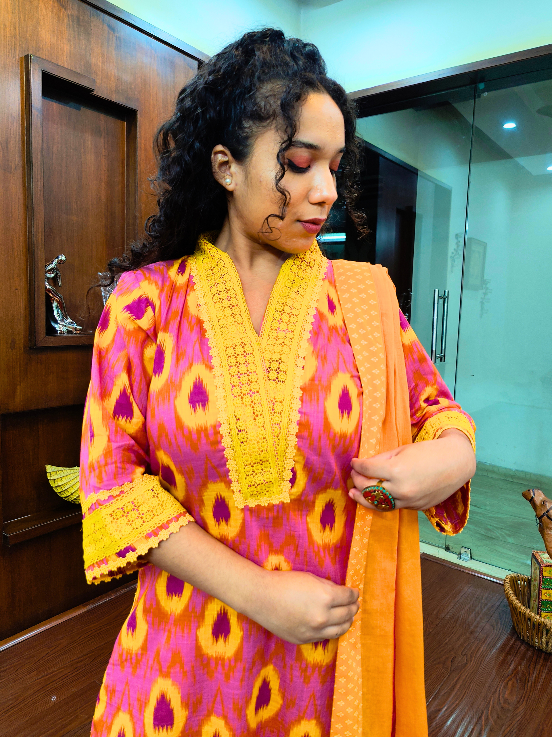 Pink and Yellow Abstract Cotton Stitched Suit Set