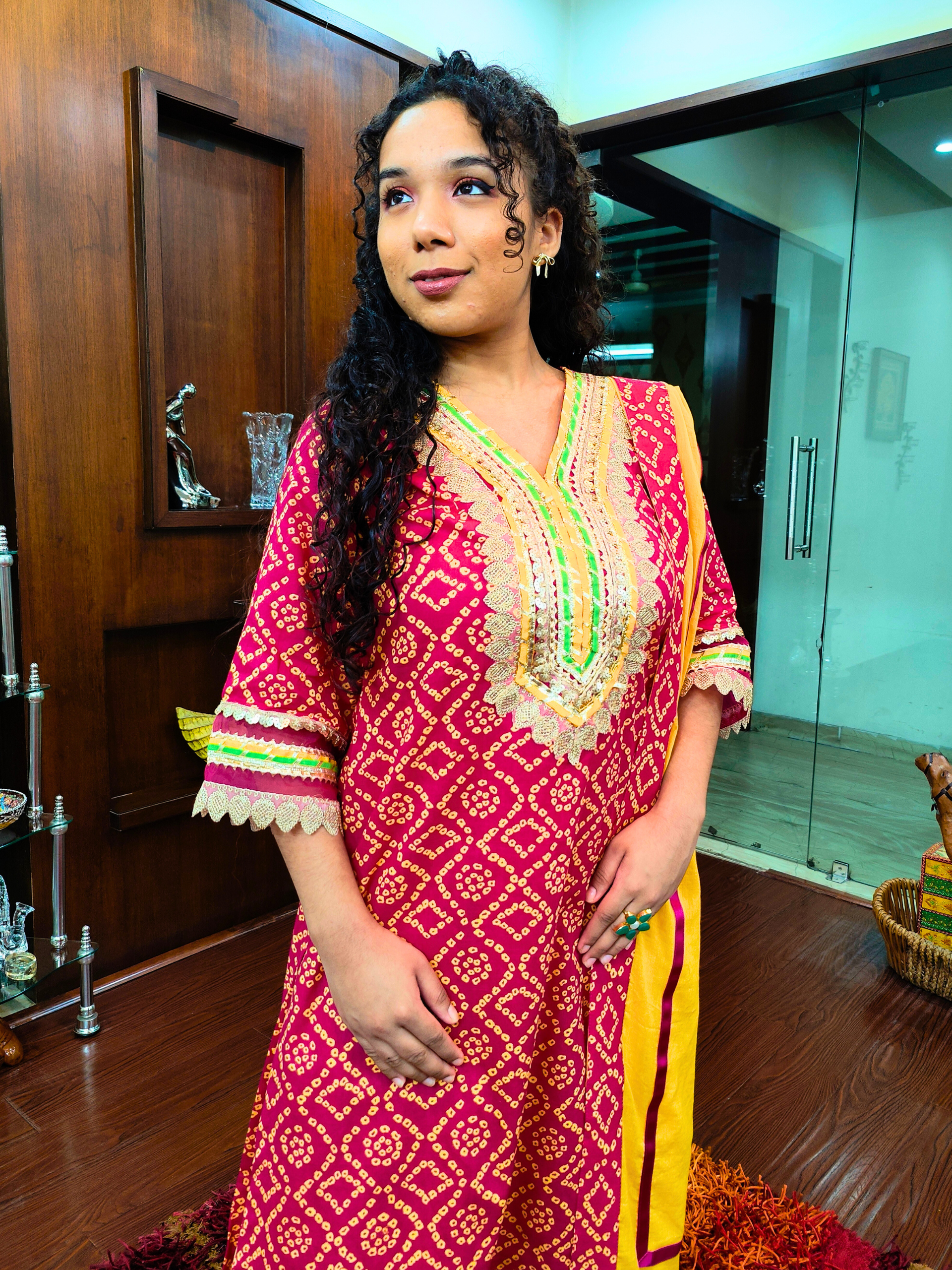 Red Bandhej Multi Coloured Gota Cotton Stitched Suit Set