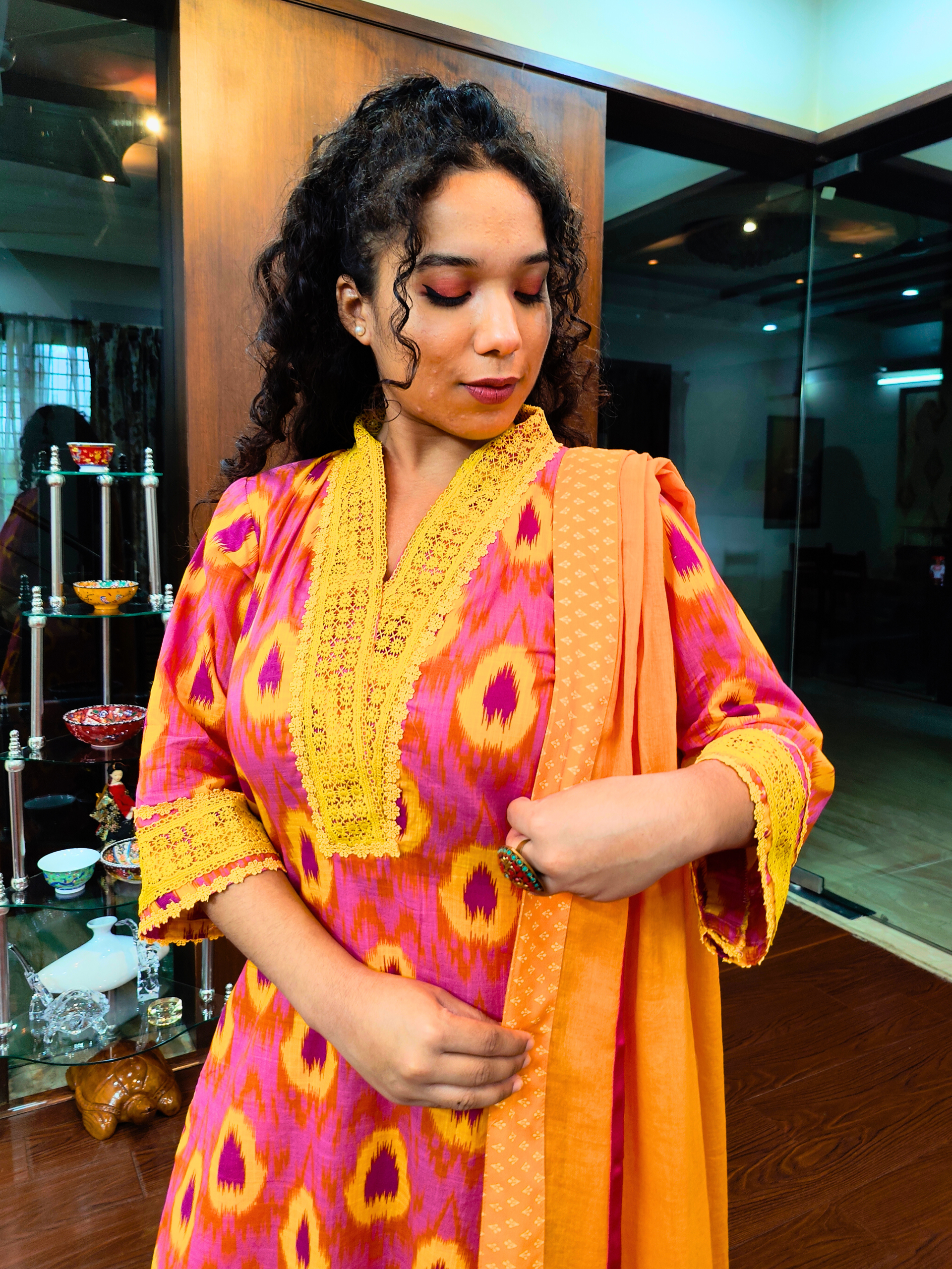 Pink and Yellow Abstract Cotton Stitched Suit Set