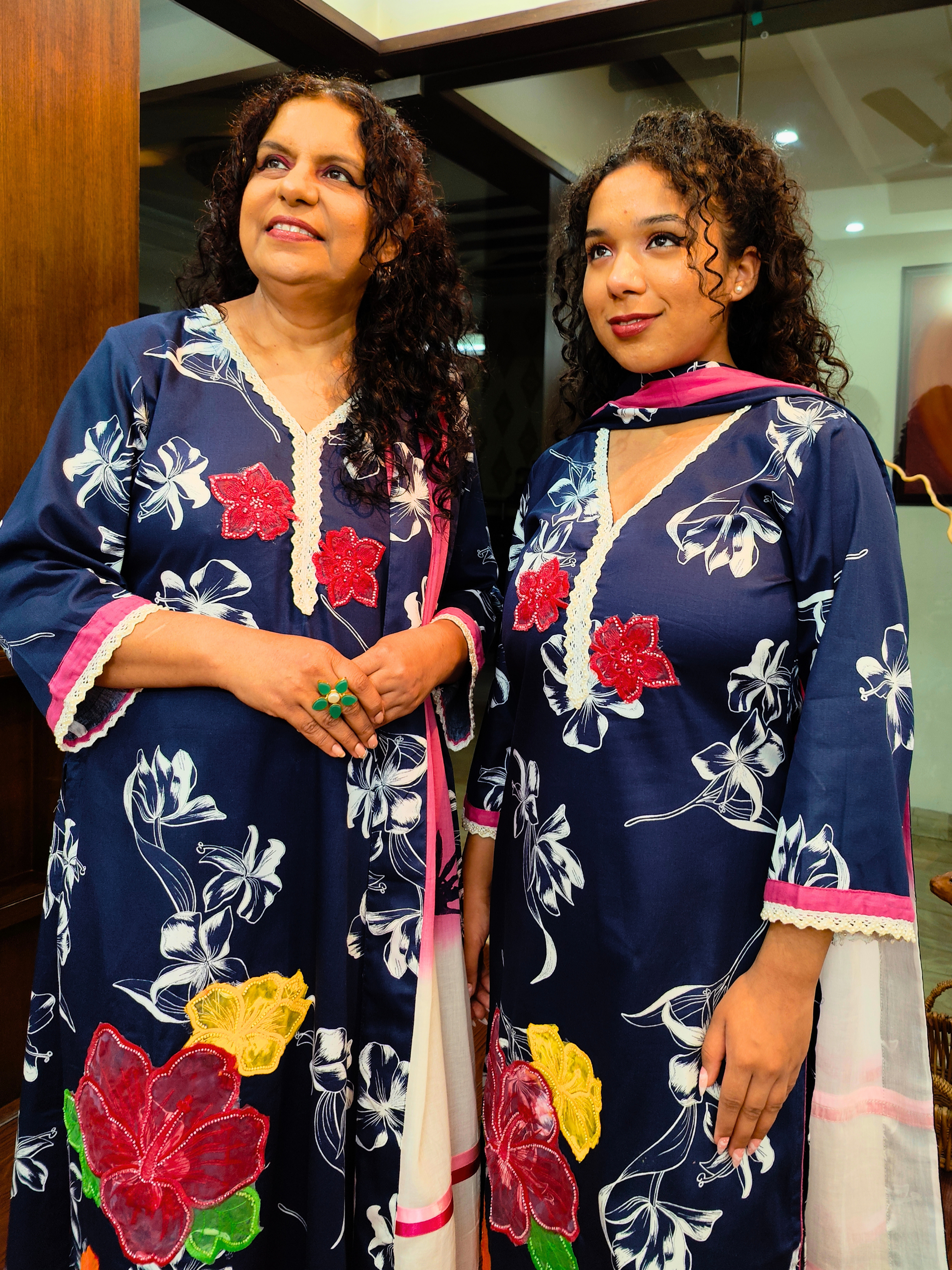 Blue Digital Printed White Lace Cotton Stitched Suit Set