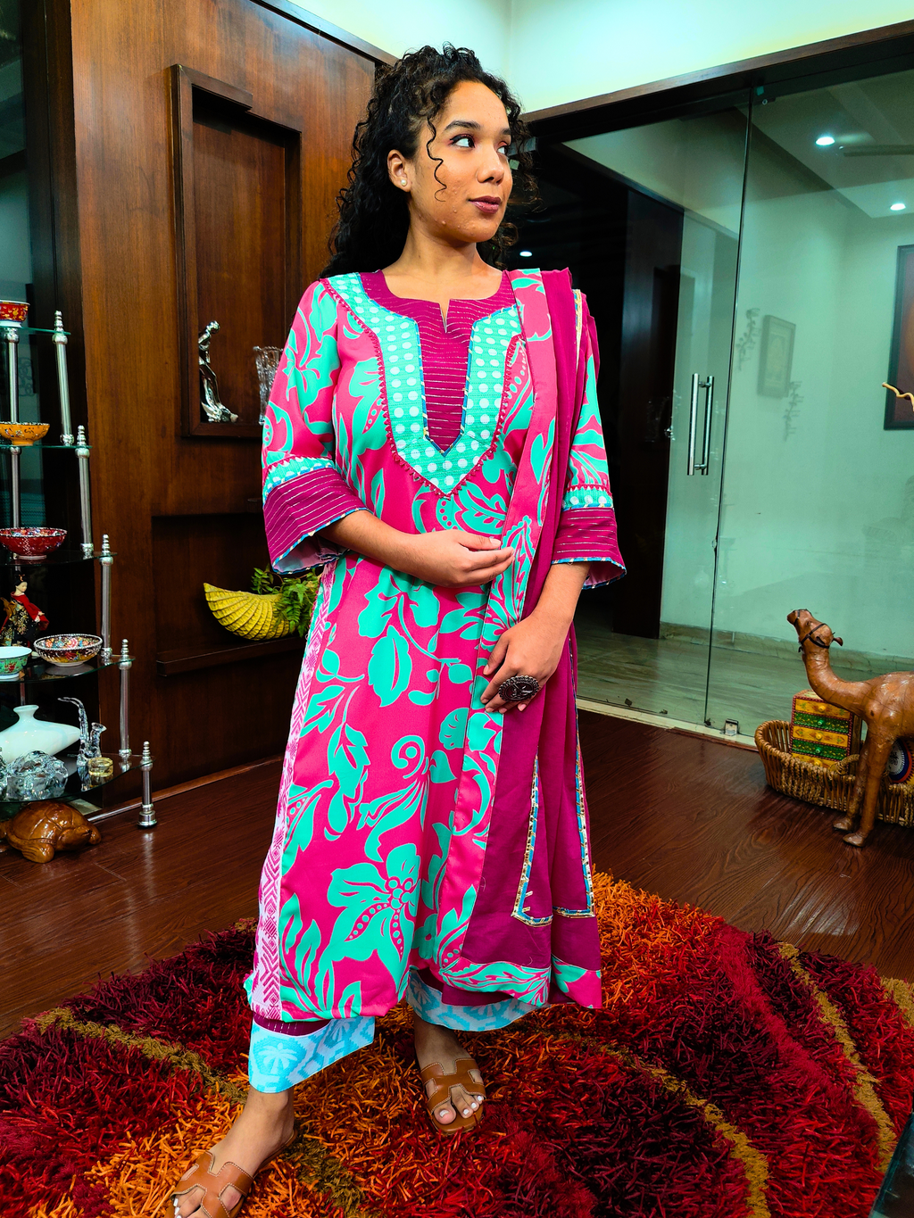 Magenta Digital Printed Moss Georgette Embroidered Stitched Suit Set