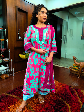 Magenta Digital Printed Moss Georgette Embroidered Stitched Suit Set