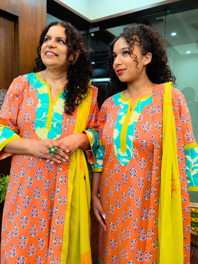 Orange Handblock Yellow Lace Cotton Stitched Suit Set