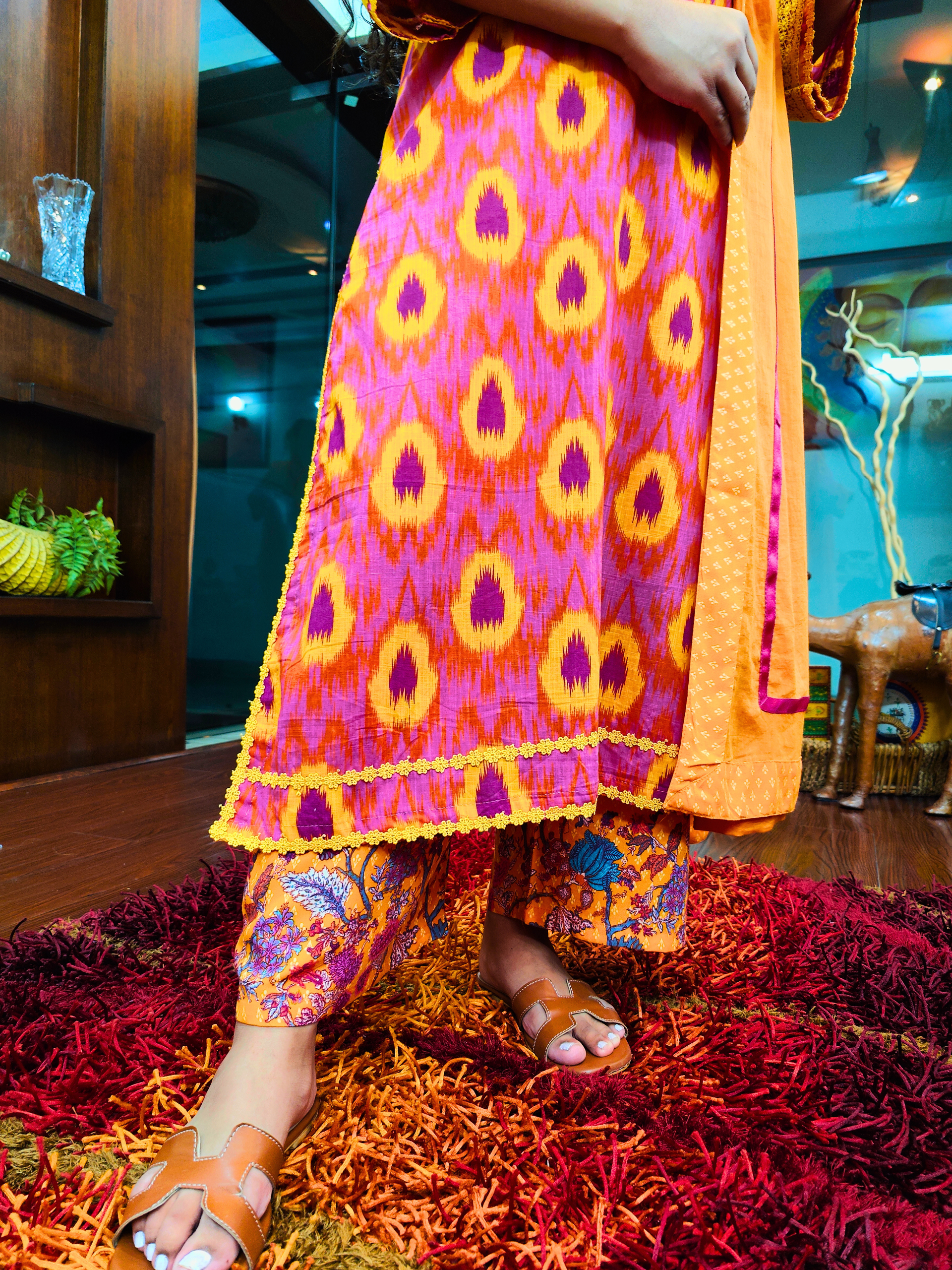 Pink and Yellow Abstract Cotton Stitched Suit Set