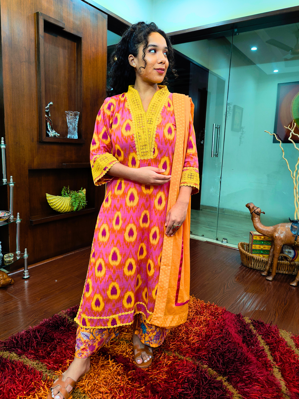 Pink and Yellow Abstract Cotton Stitched Suit Set