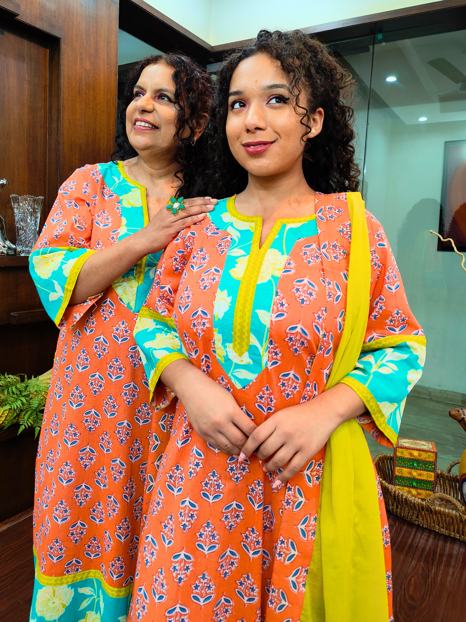 Orange Handblock Yellow Lace Cotton Stitched Suit Set