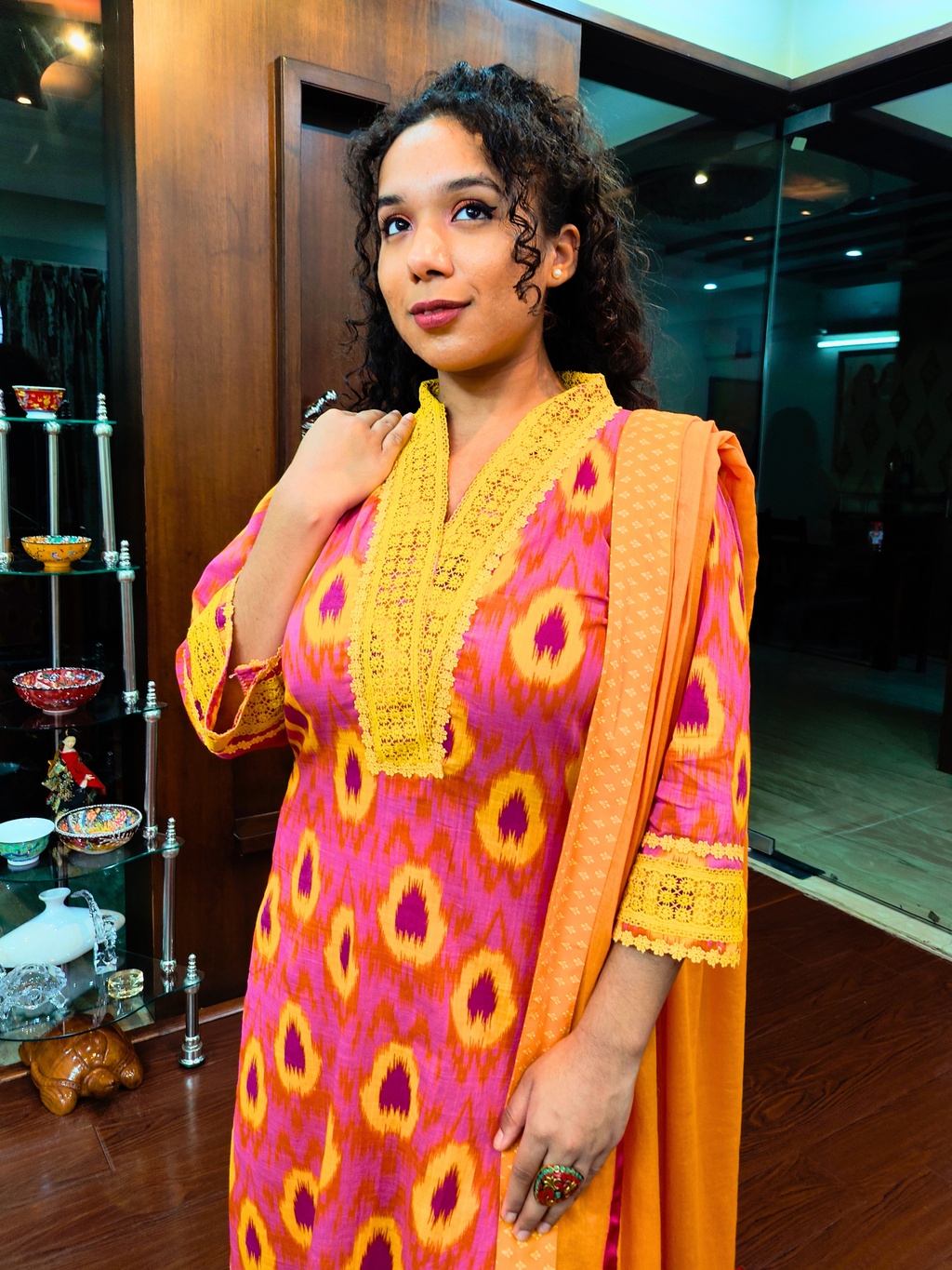 Pink and Yellow Abstract Cotton Stitched Suit Set