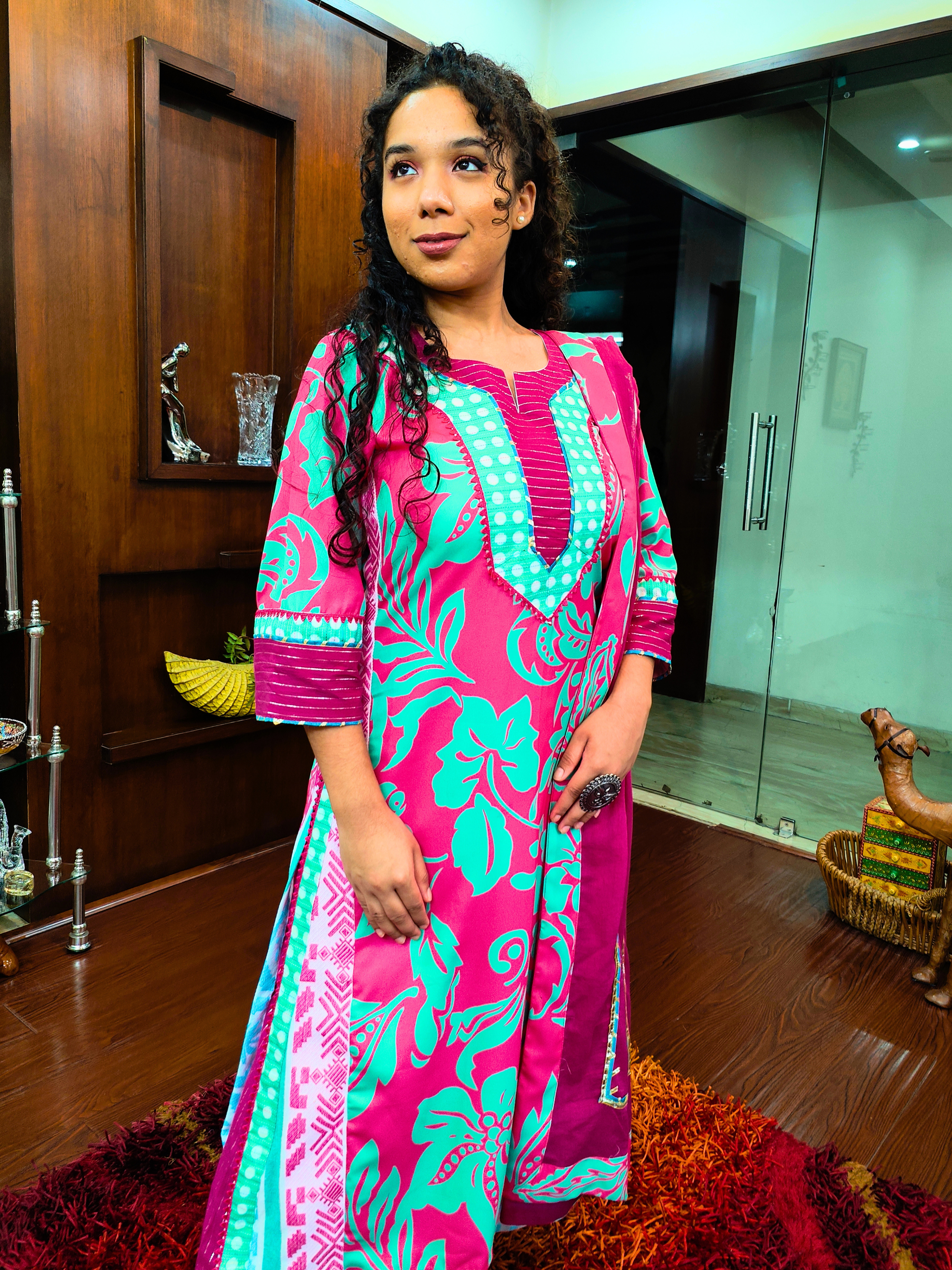 Magenta Digital Printed Moss Georgette Embroidered Stitched Suit Set