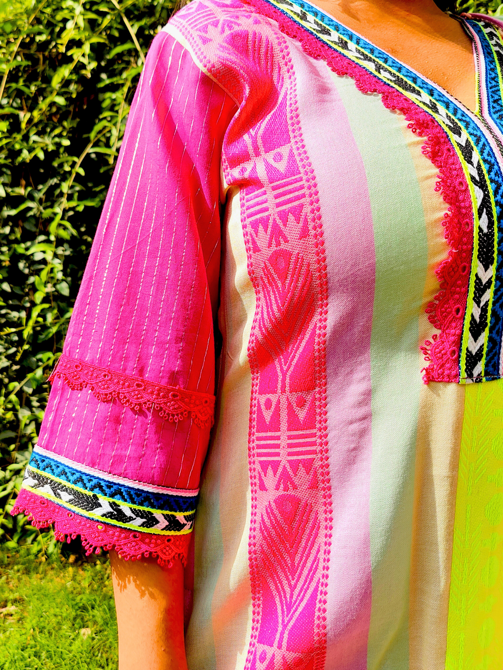 Multi-Coloured Afghani Magenta Embroidered Stitched Suit Set