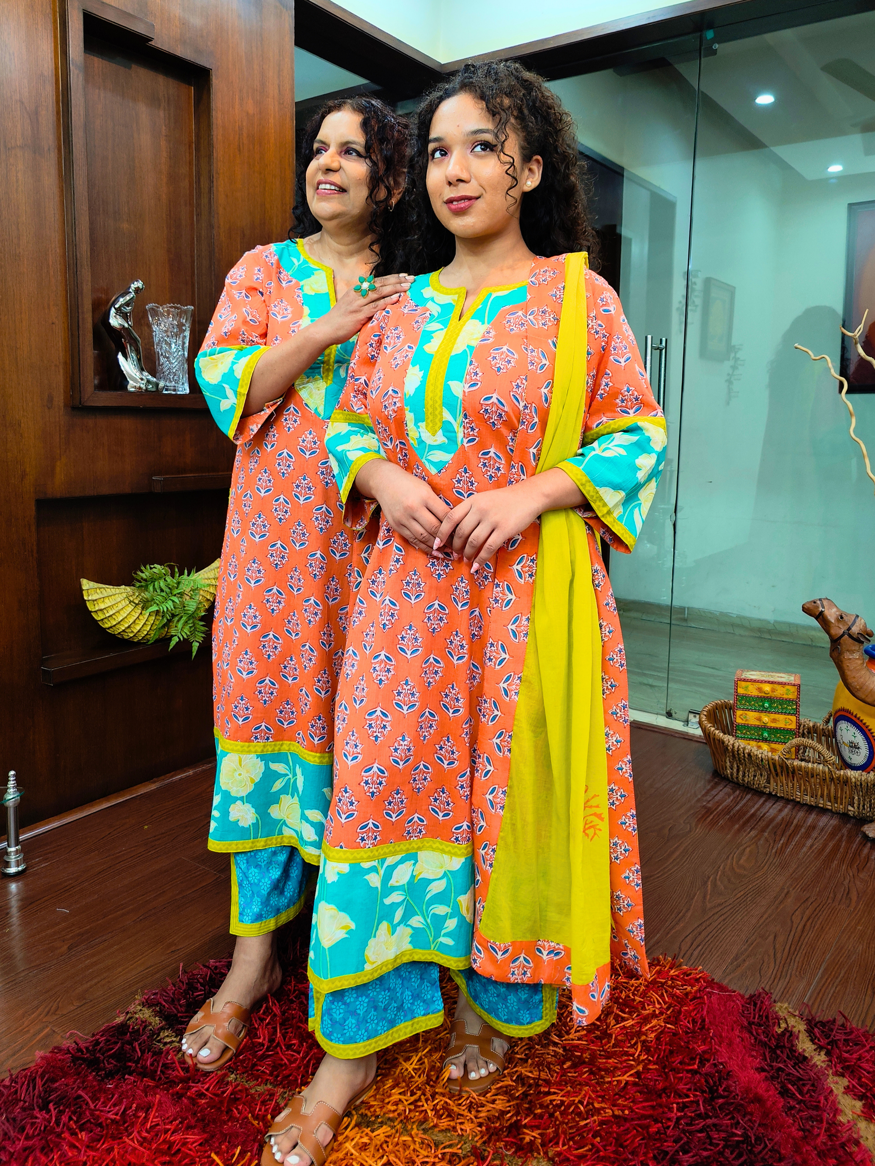 Orange Handblock Yellow Lace Cotton Stitched Suit Set