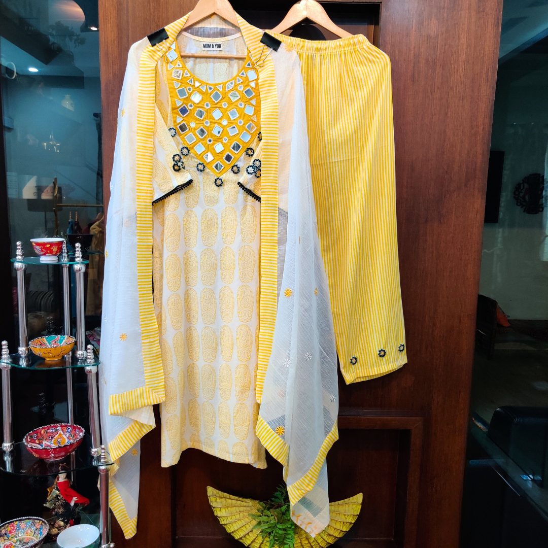 Yellow Handblock Mirror Embroidered Stitched Suit Set
