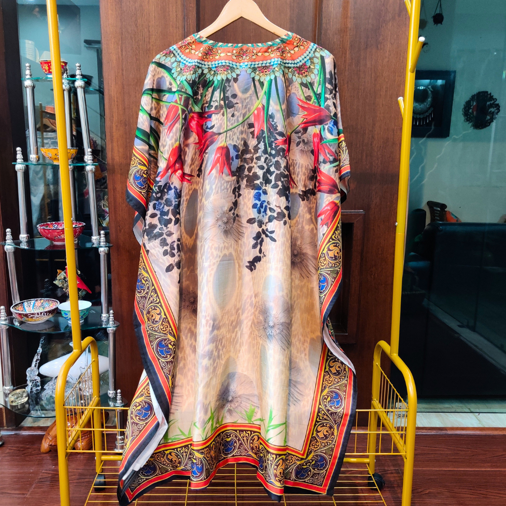 Cream Multi-Coloured Digital Printed Muslin Silk Stitched Kurta Kaftan