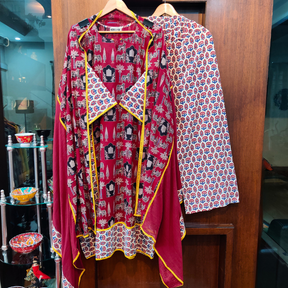 Maroon Ajrakh Yellow Lace Cotton Stitched Suit Set