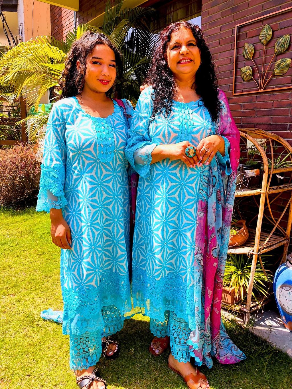 Sky Blue Cotton Italian Lace Stitched Suit Set