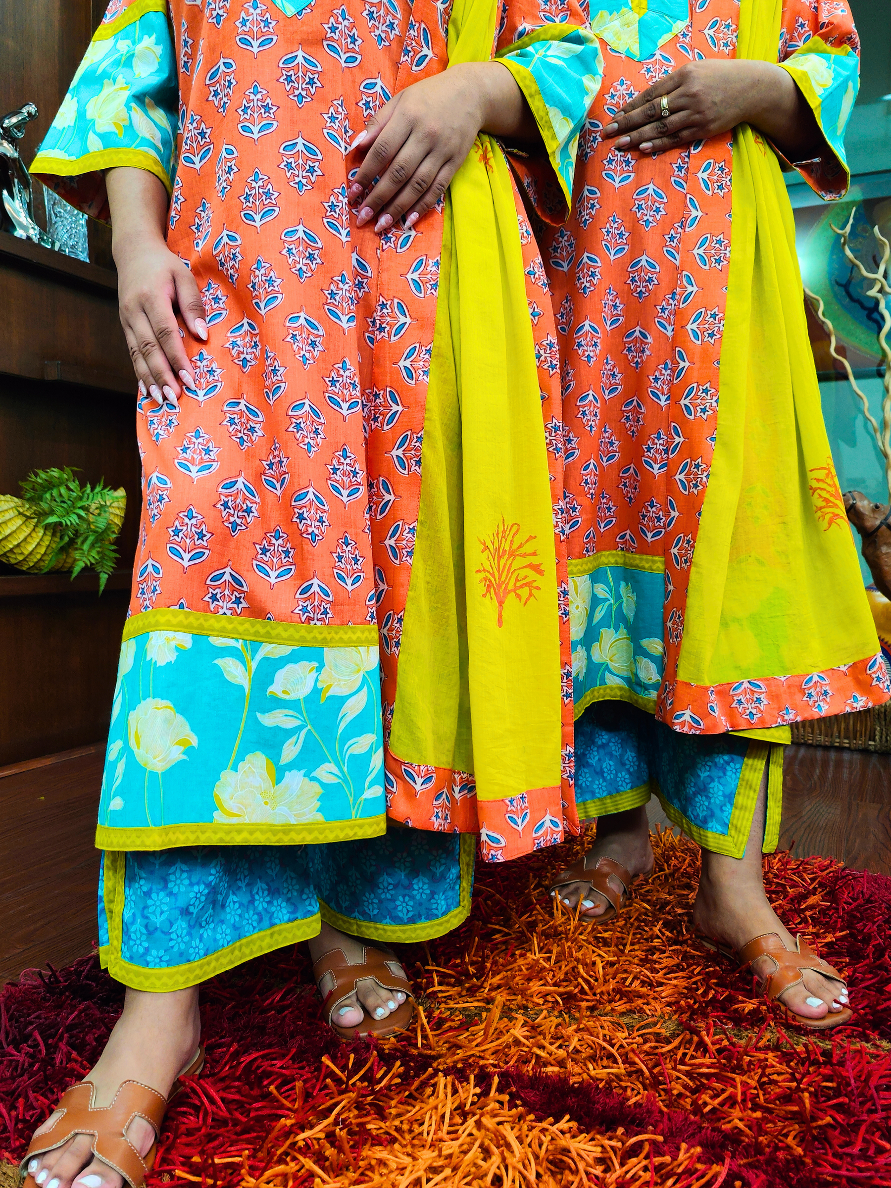 Orange Handblock Yellow Lace Cotton Stitched Suit Set