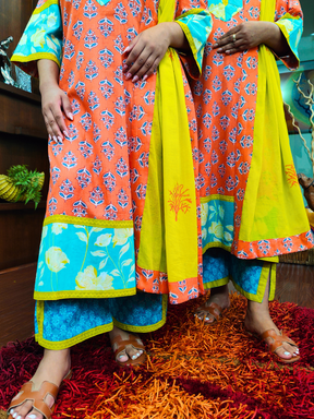 Orange Handblock Yellow Lace Cotton Stitched Suit Set